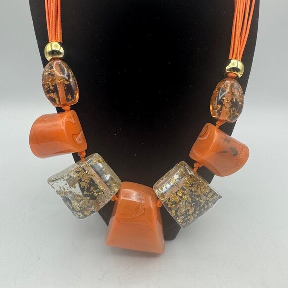Chunky Orange Geometric Resin Bead Statement Necklace Adjustable Cord Gold Finis - Picture 2 of 3